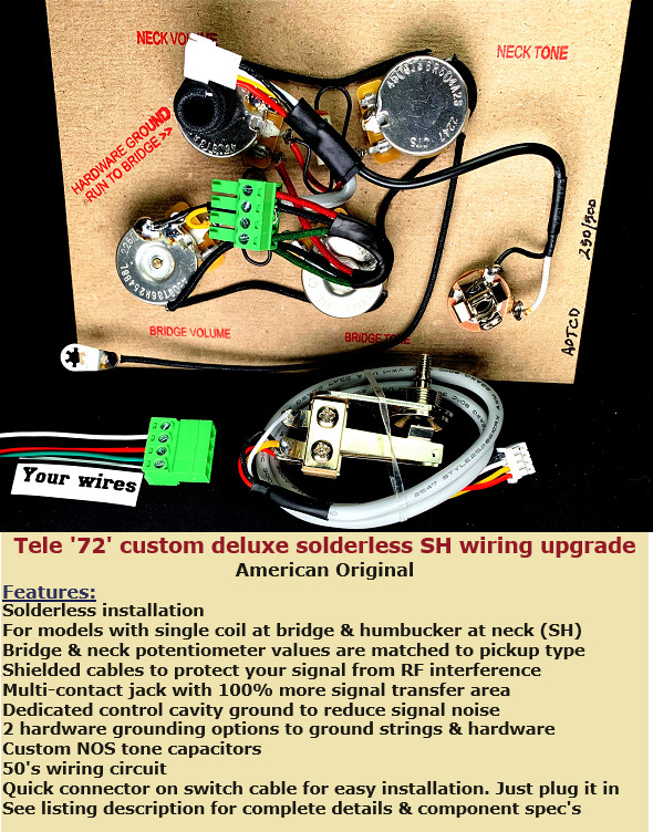 Fender American Original “72” Telecaster Cust Del Solderless S-H Wiring Upgrade