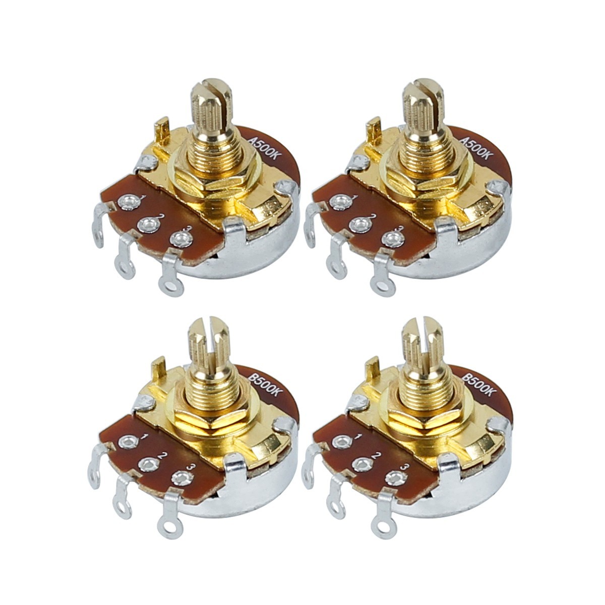 2x A500K+2x B500K Bass Guitar Potentiometers Gold Brass Taper Copper Short Shaft