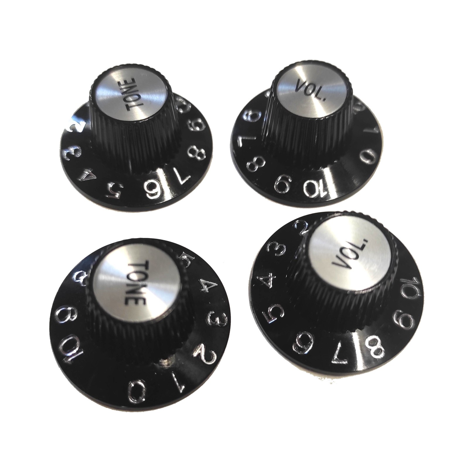 2 Black Tone + Volume Witch Hat Knobs Silver reflector for US pots