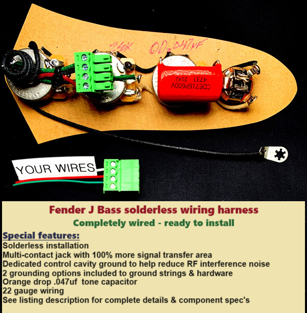 Fender J Bass Solderless wiring harness – with Upgraded Components