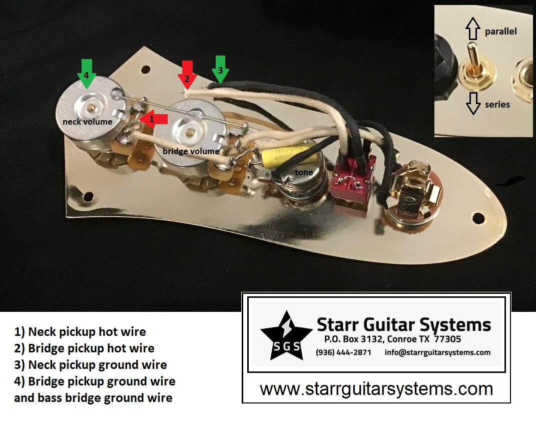 Fender Jazz Bass wiring harness with series – parallel switching NEW! GOLD!