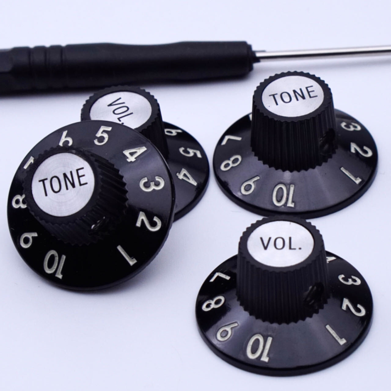 4 Black Witch Hat Guitar Knobs Bakelite Set Screw Vol. Tone Fit Fende ’72 Tele